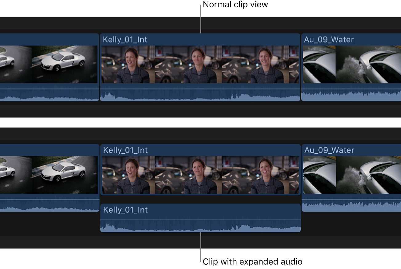A clip in the timeline before and after its audio components are expanded