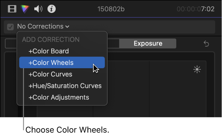 Color Wheels being chosen from the Add Correction section of the pop-up menu at the top of the Color inspector