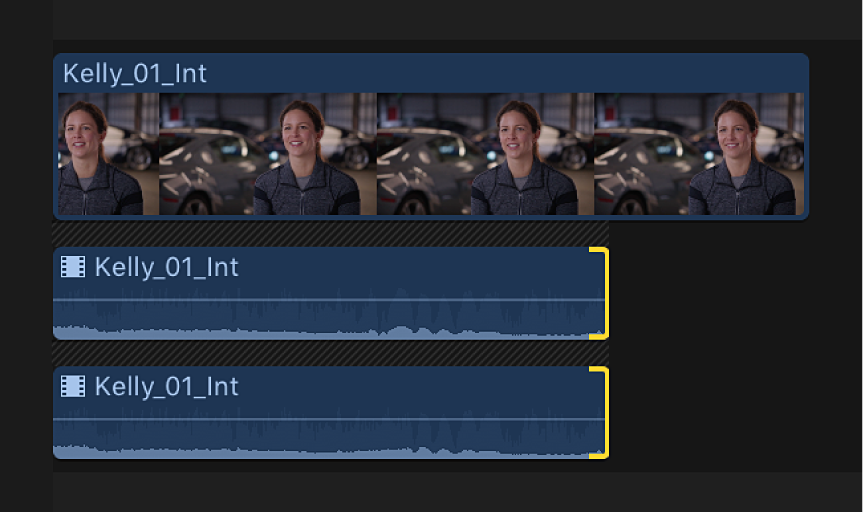The edit point for expanded audio components shown trimmed to the new location