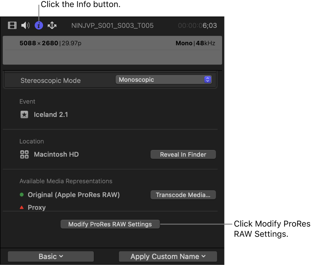 The Info inspector showing the Modify ProRes RAW Settings button