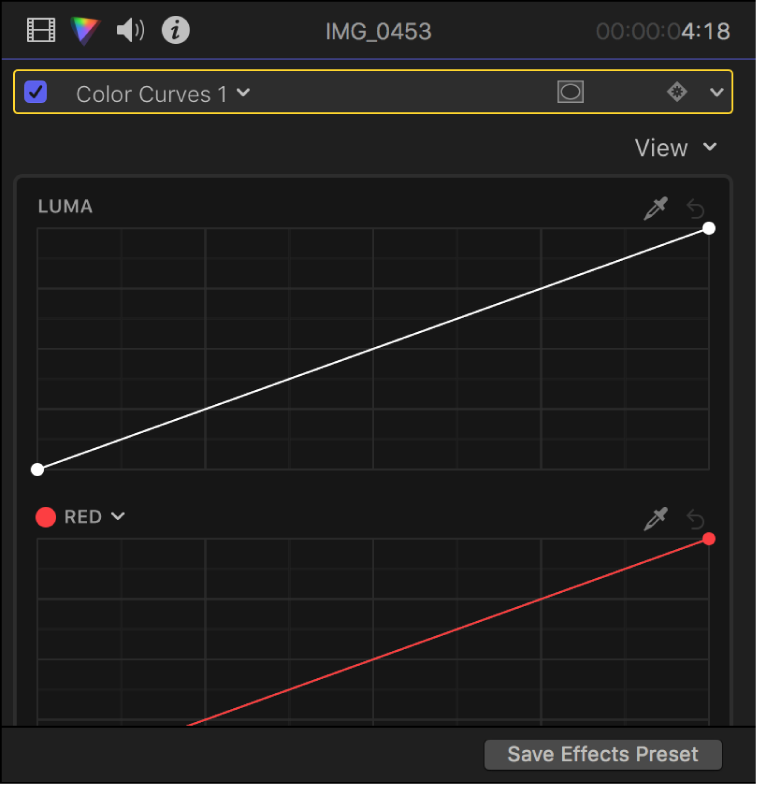 The Color inspector showing color curves in the Color Curves effect