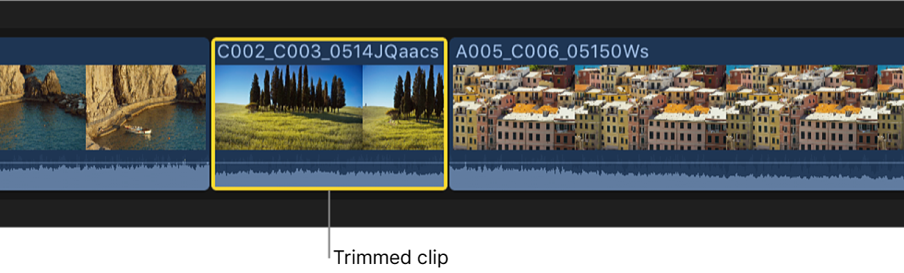A clip in the timeline trimmed to the start and end points of the range selection