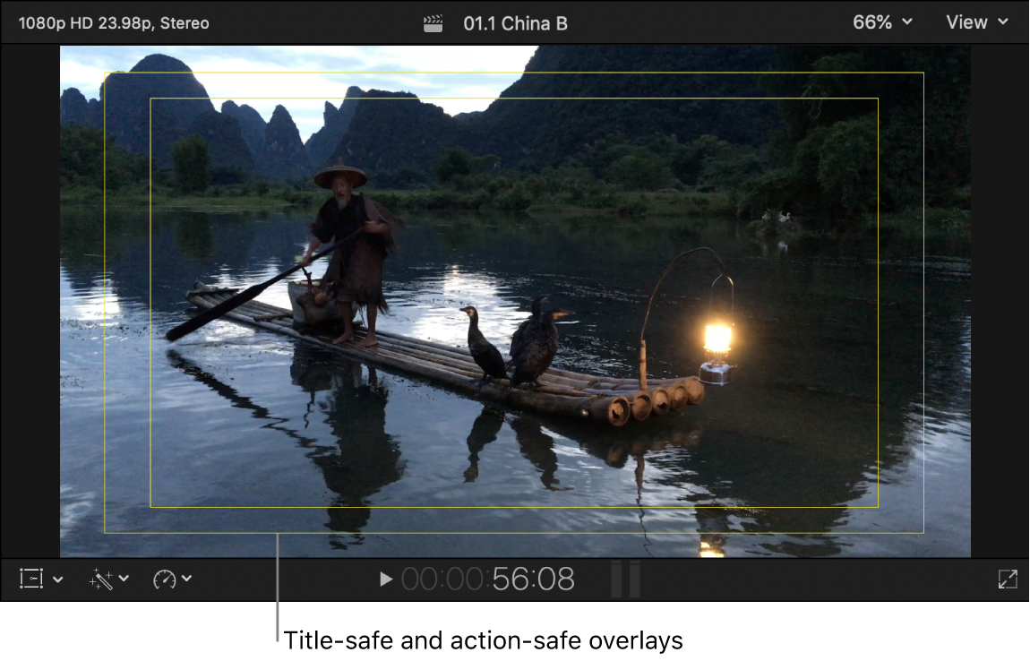 The viewer showing title-safe and action-safe overlays