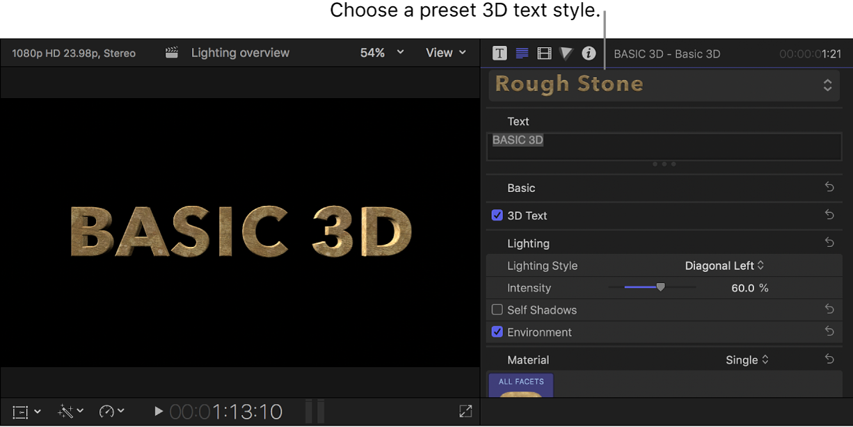 A 3D title in the viewer with the Rough Stone preset text style, and the title’s settings shown in the Text inspector