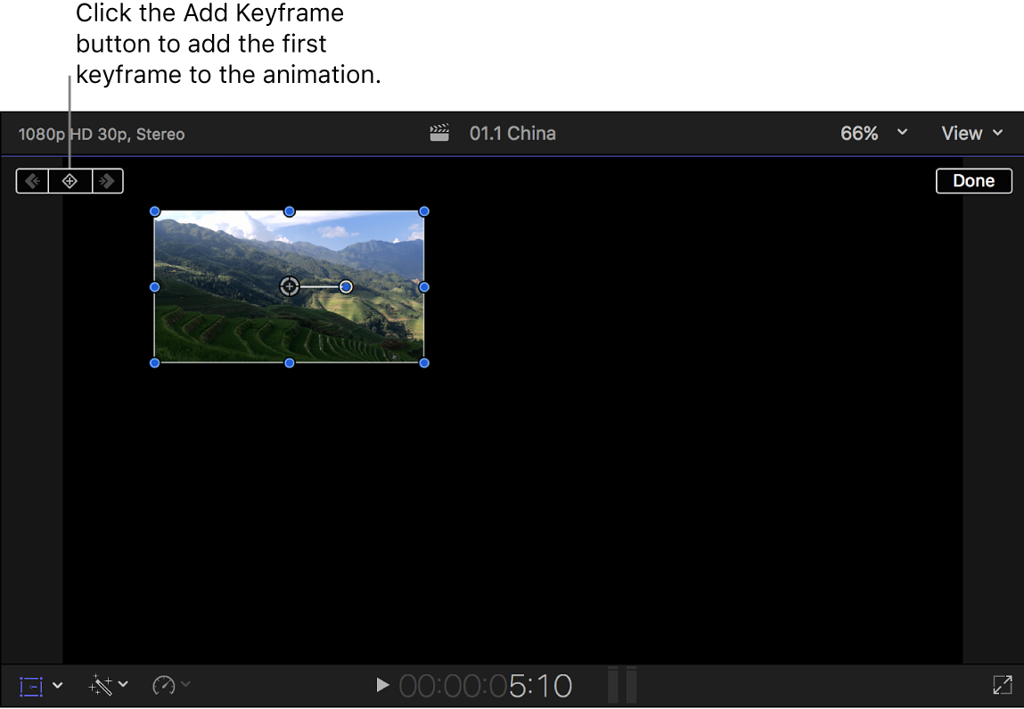 The viewer showing the Transform effect and the Add Keyframe button