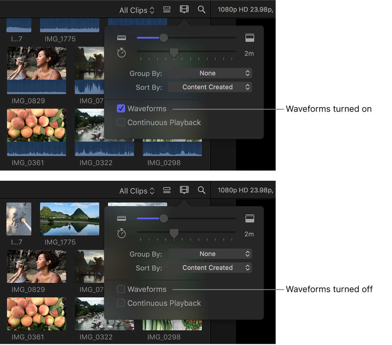 Filmstrips in the browser before and after audio waveforms are turned off using the Waveforms checkbox