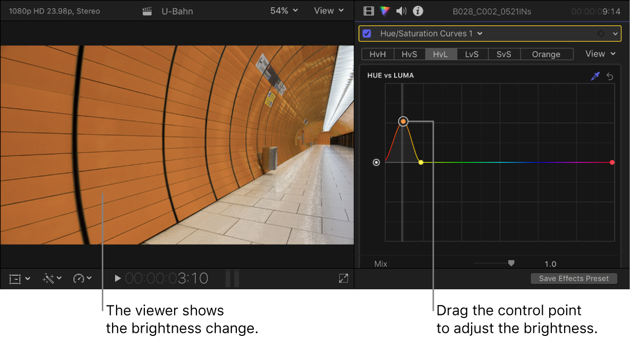 The viewer on the left showing the brightness change, and the Color inspector on the right showing control points on the Hue vs Luma curve