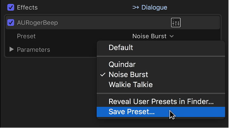 The Effects section of the Audio inspector showing the Save Preset option in the Preset pop-up menu