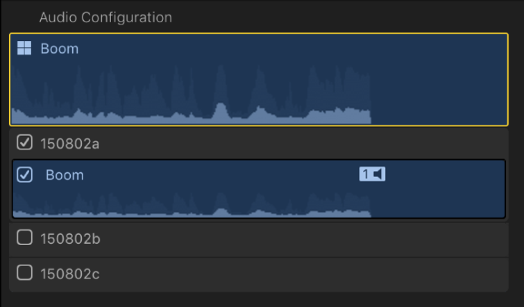 The Audio Configuration section of the Audio inspector, showing the role component for the active angle of a multicam clip