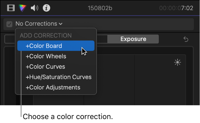 Color Board being chosen from the Add Correction section of the pop-up menu at the top of the Color inspector
