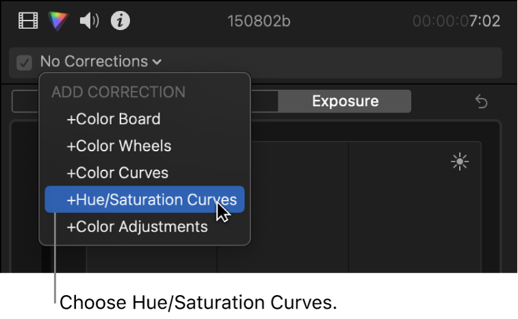 Hue/Saturation Curves being chosen from the Add Correction section of the pop-up menu at the top of the Color Inspector