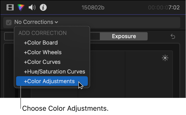 The Color Adjustments effect being chosen from the Add Correction section of the pop-up menu at the top of the Color inspector