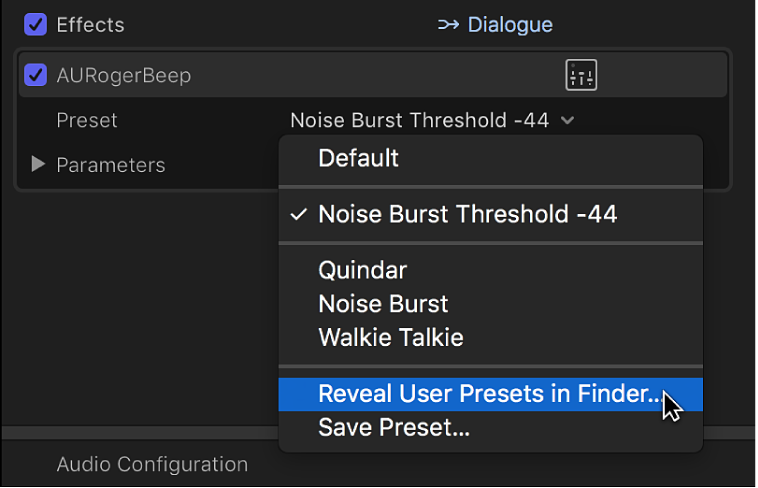 The Effects section of the Audio inspector showing the Reveal User Presets in Finder option in the Preset pop-up menu