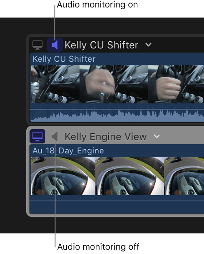 Clips in the angle editor with an Audio Monitor button in the top-left corner