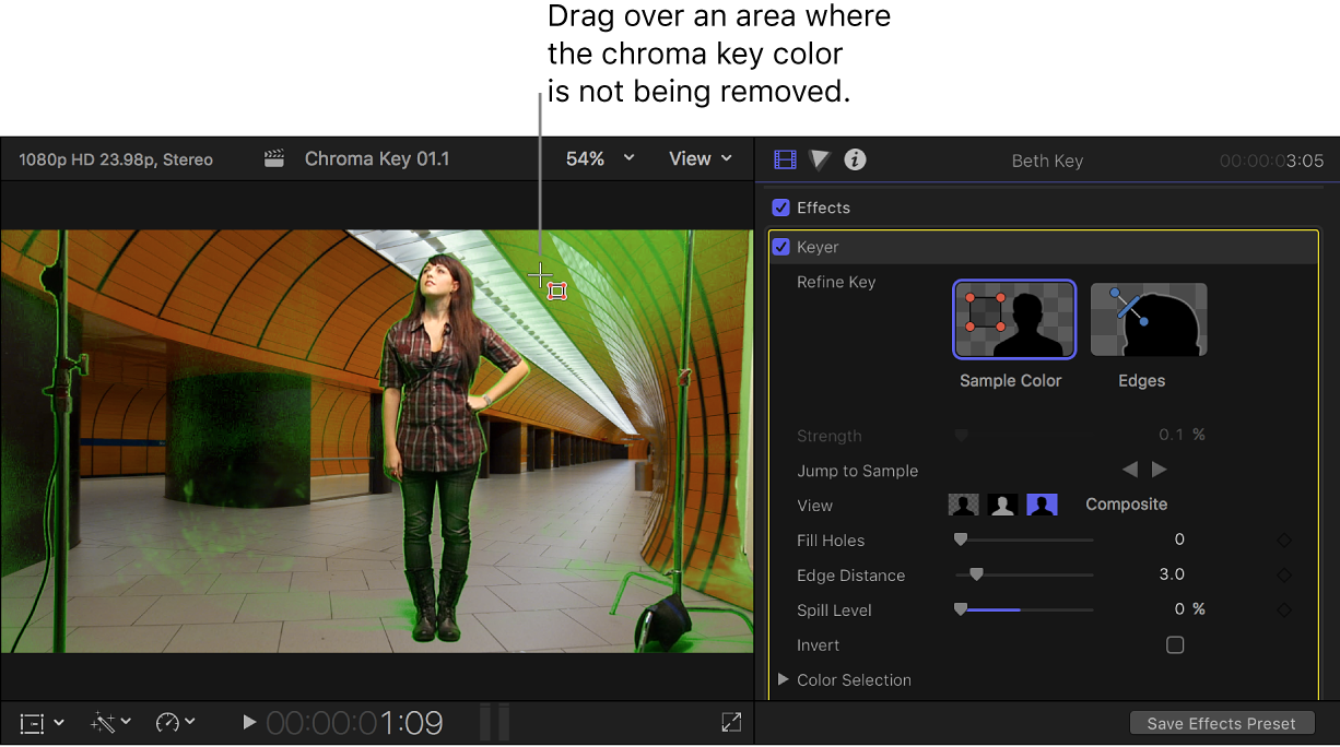 The Sample Color tool being used in the viewer to clean up the chroma key