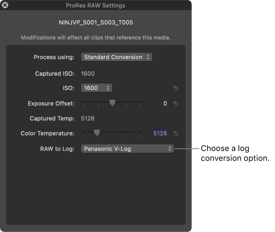 The ProRes RAW Settings window showing the RAW to Log pop-up menu