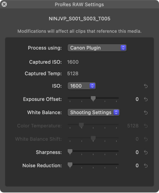 The ProRes RAW Settings window, showing settings for a camera manufacturer plug-in