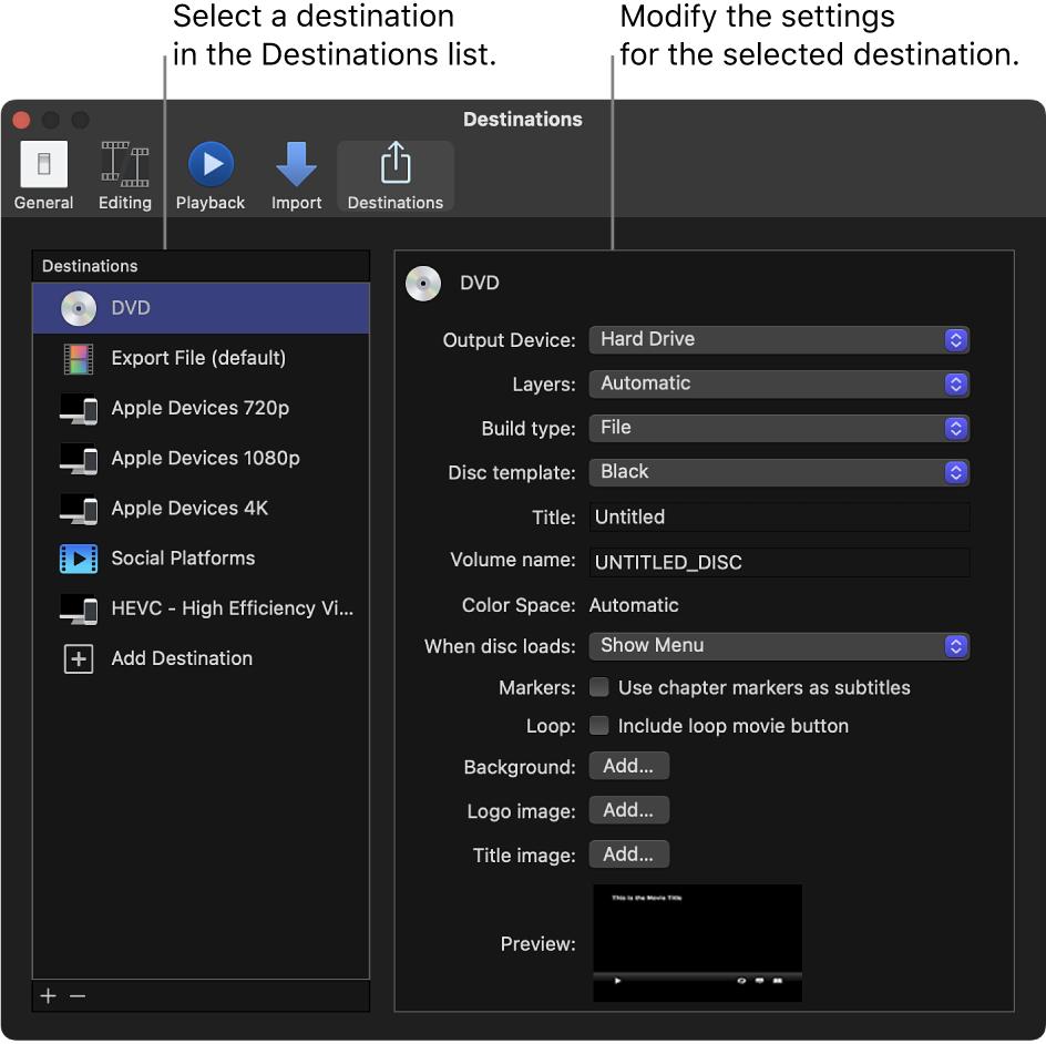 The Destinations pane of the Final Cut Pro Settings window showing the DVD destination selected in the list on the left