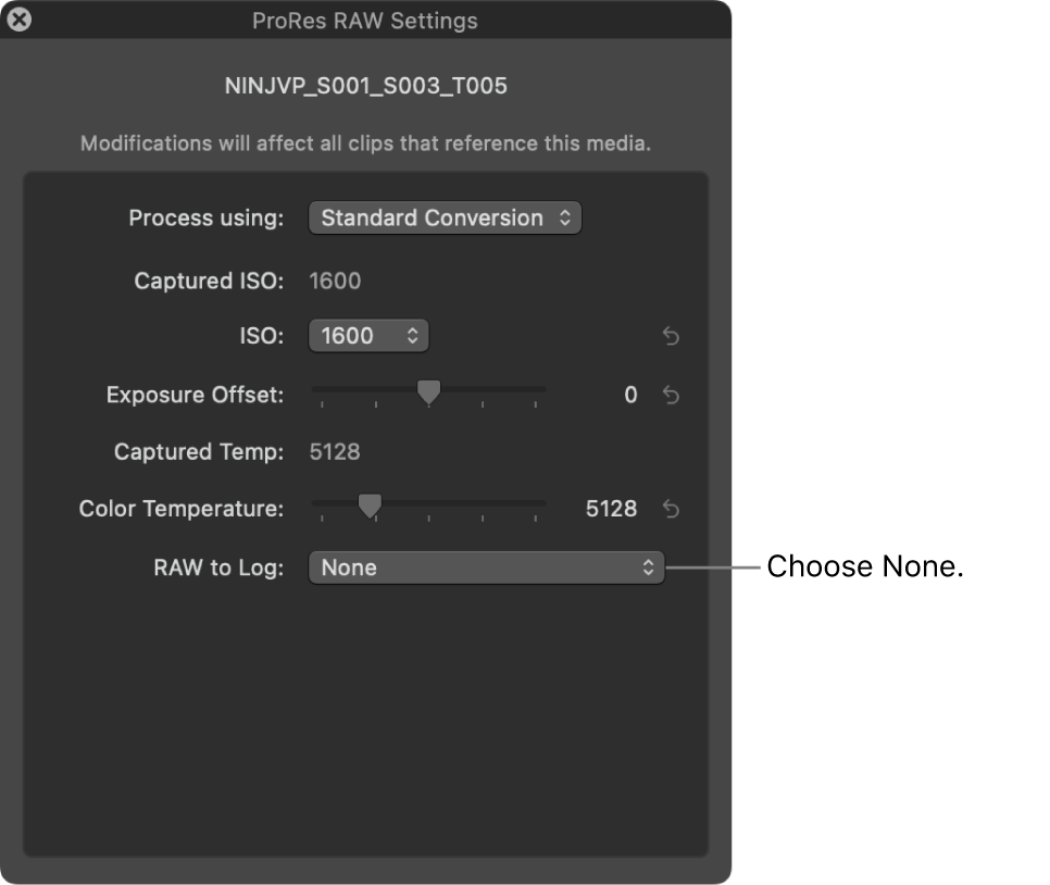 The ProRes RAW Settings window with RAW to Log set to None
