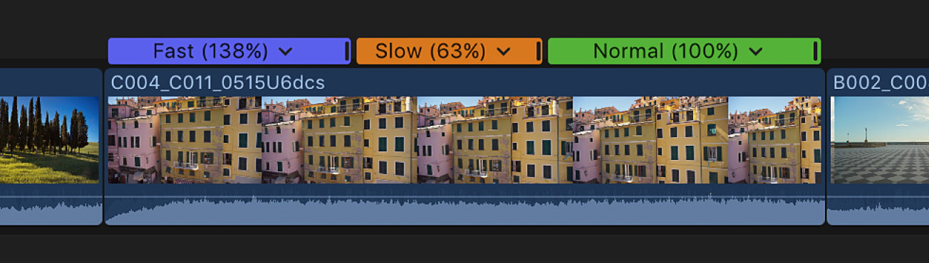 The timeline showing a clip with speed segments
