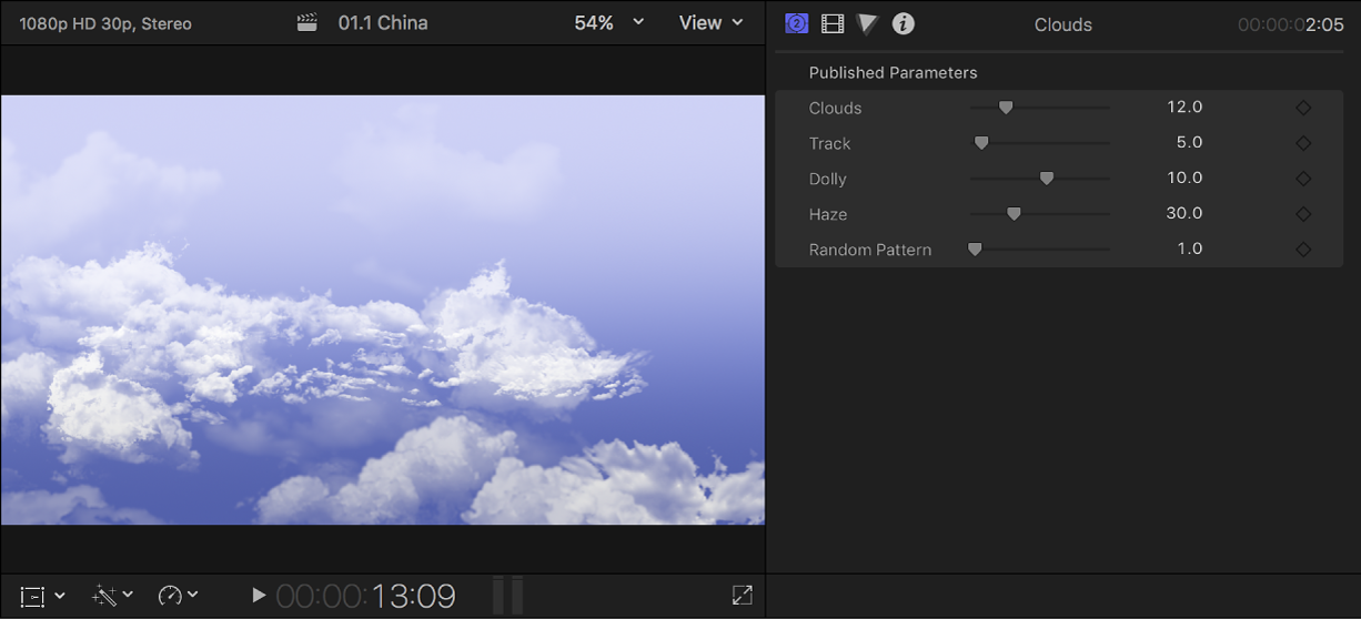 The viewer on the left showing the Clouds background, and the Generator inspector on the right showing the settings for the background clip