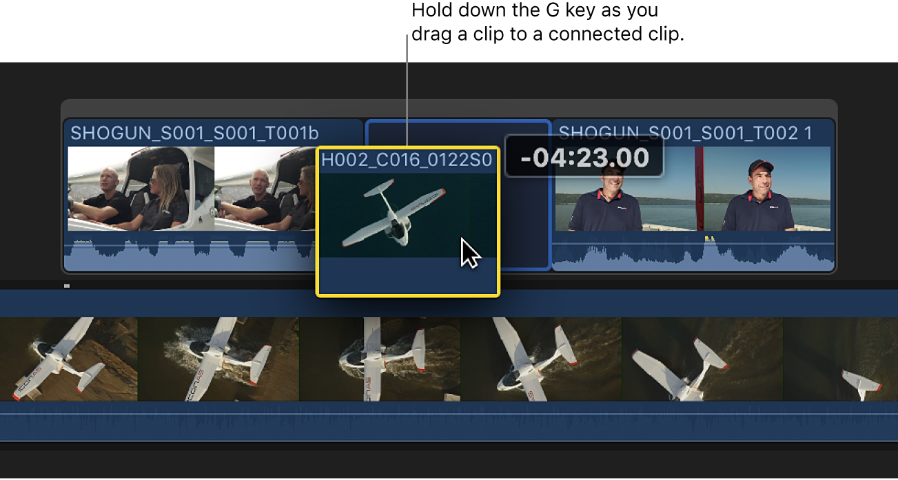 A clip being dragged to a connected clip while the G key is held down, creating a storyline