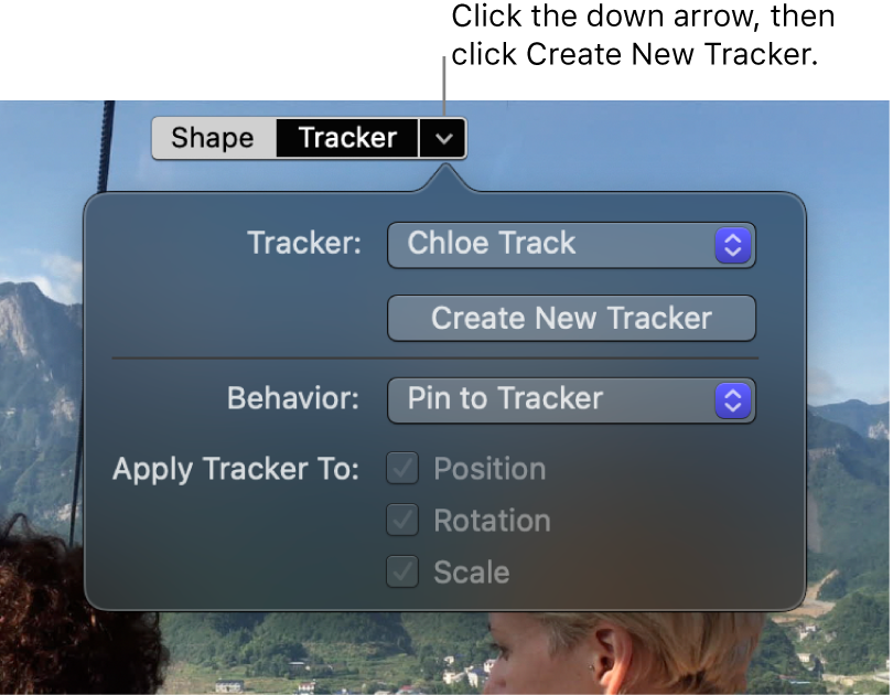 The Tracker button and down arrow at the top of the viewer, with the Create New Tracker button shown in the Tracker controls below