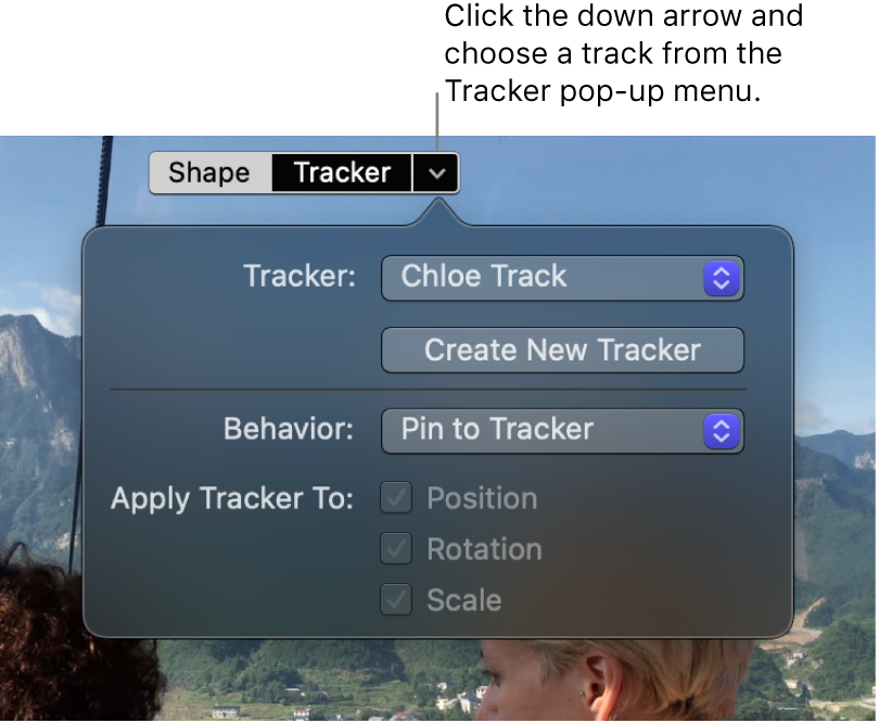 The Tracker button and down arrow at the top of the viewer, with the Tracker controls shown below. The Tracker pop-up menu appears at the top of the Tracker controls.