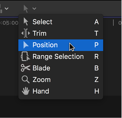 The Position tool in the Tools pop-up menu