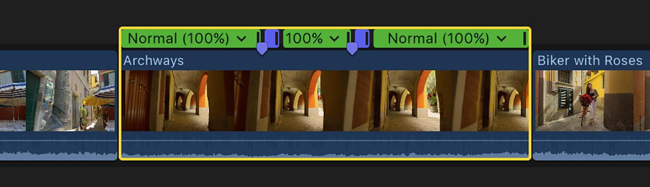 The timeline showing jump cuts added to a clip at marker positions