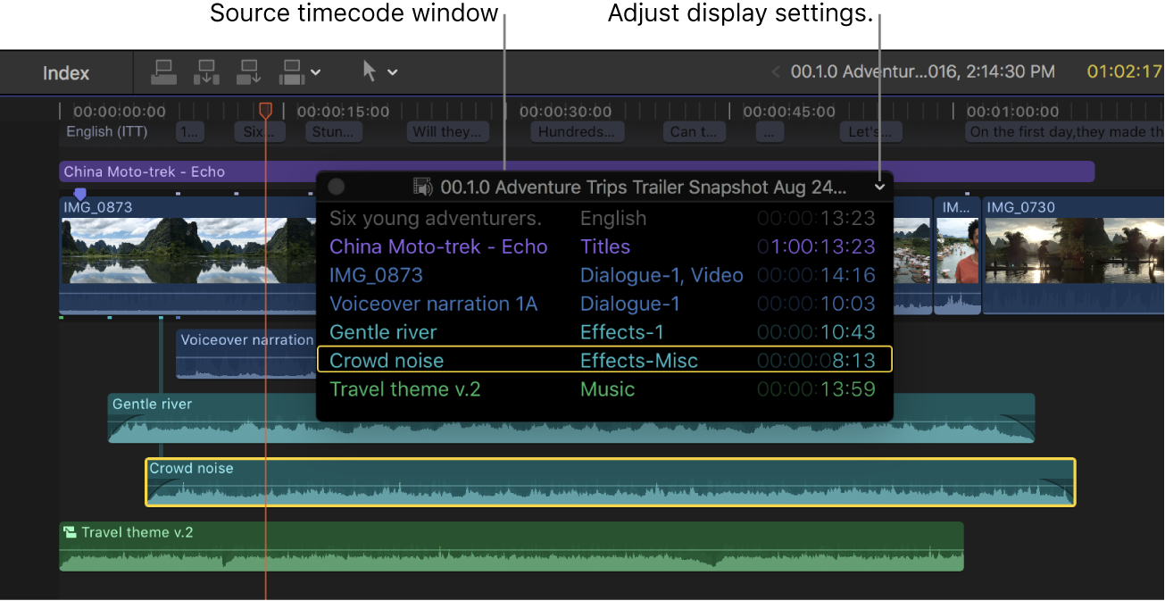 Ventana de código de tiempo del origen situada sobre clips en la línea de tiempo, con el código de tiempo del origen de los clips en la posición del cursor de reproducción