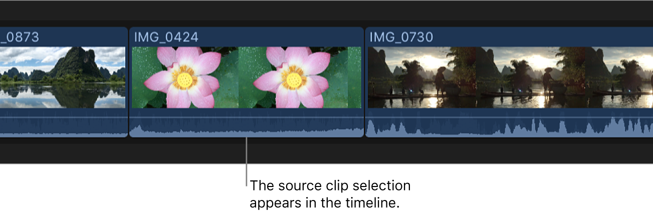 Selección de clip fuente que aparece en la línea de tiempo después de reemplazar el clip original