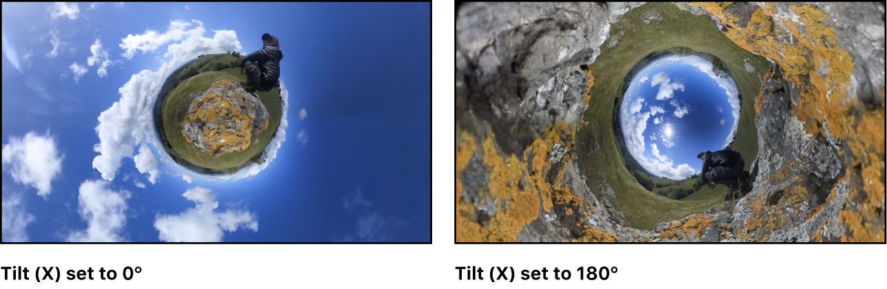 Imagen de miniplaneta a la izquierda, con el parámetro de inclinación definido en 0°, y la misma imagen a la derecha con el parámetro de inclinación definido en 180°, creando un miniplaneta invertido