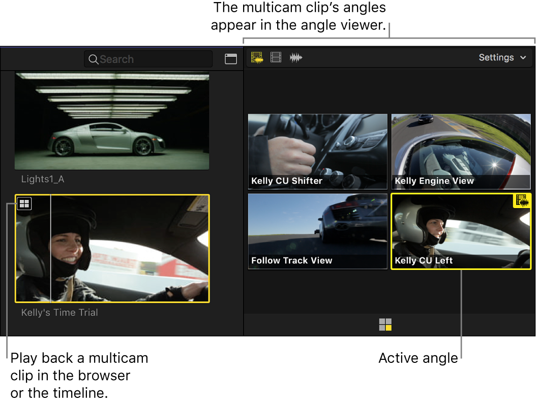 El visor de ángulos con los ángulos de un clip Multicam seleccionado en el explorador