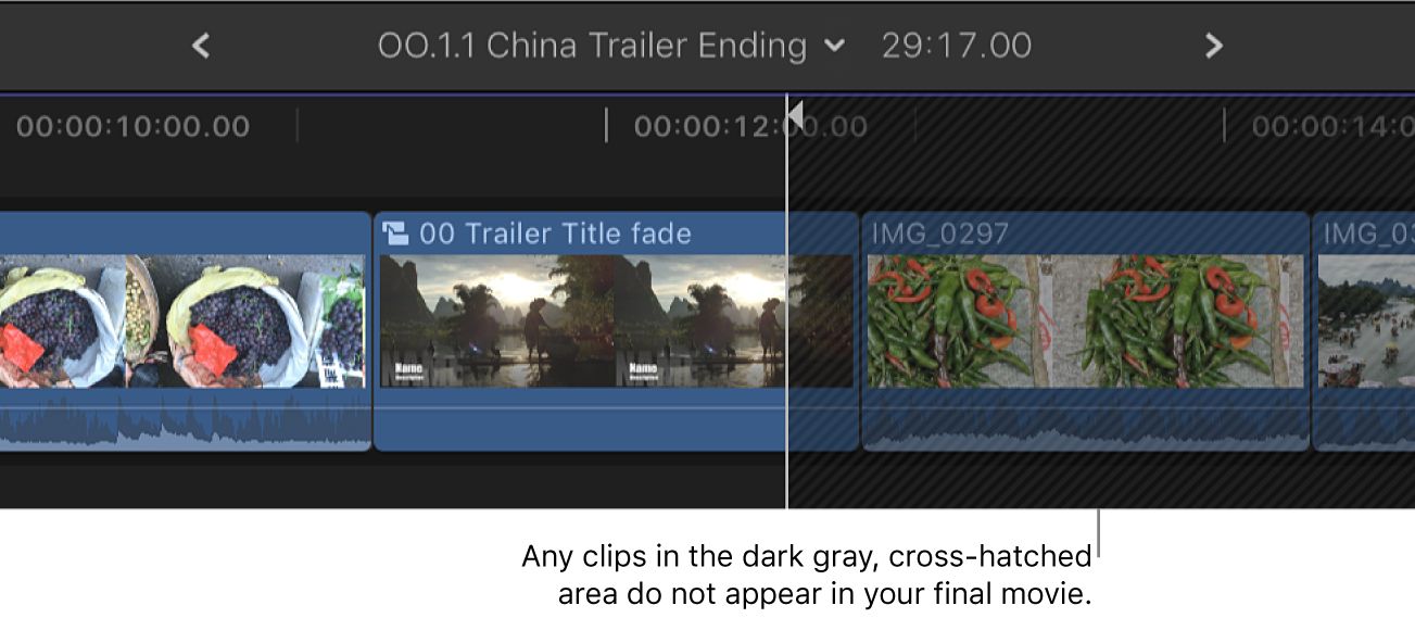 Un clip compuesto en la línea de tiempo con un área tramada que indica que el material no aparece en el vídeo final