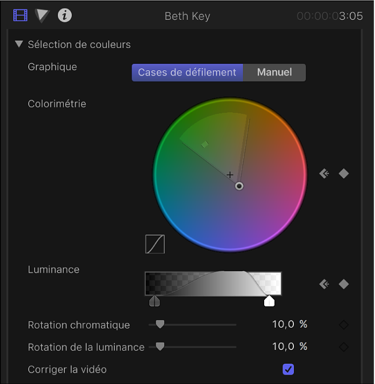 Commandes « Sélection des couleurs » dans l’inspecteur vidéo