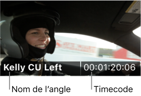 Le nom de l’angle et le timecode affichés sur un angle