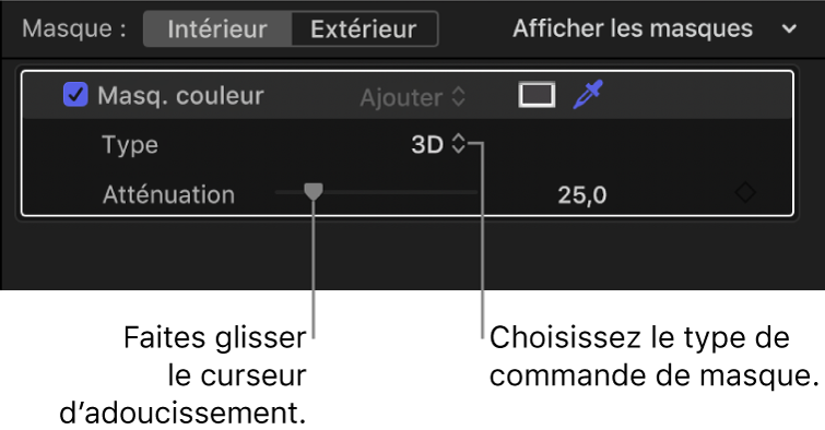 Section Masque de couleur de l’inspecteur avec le menu local Type défini sur 3D et le curseur Atténuation en dessous