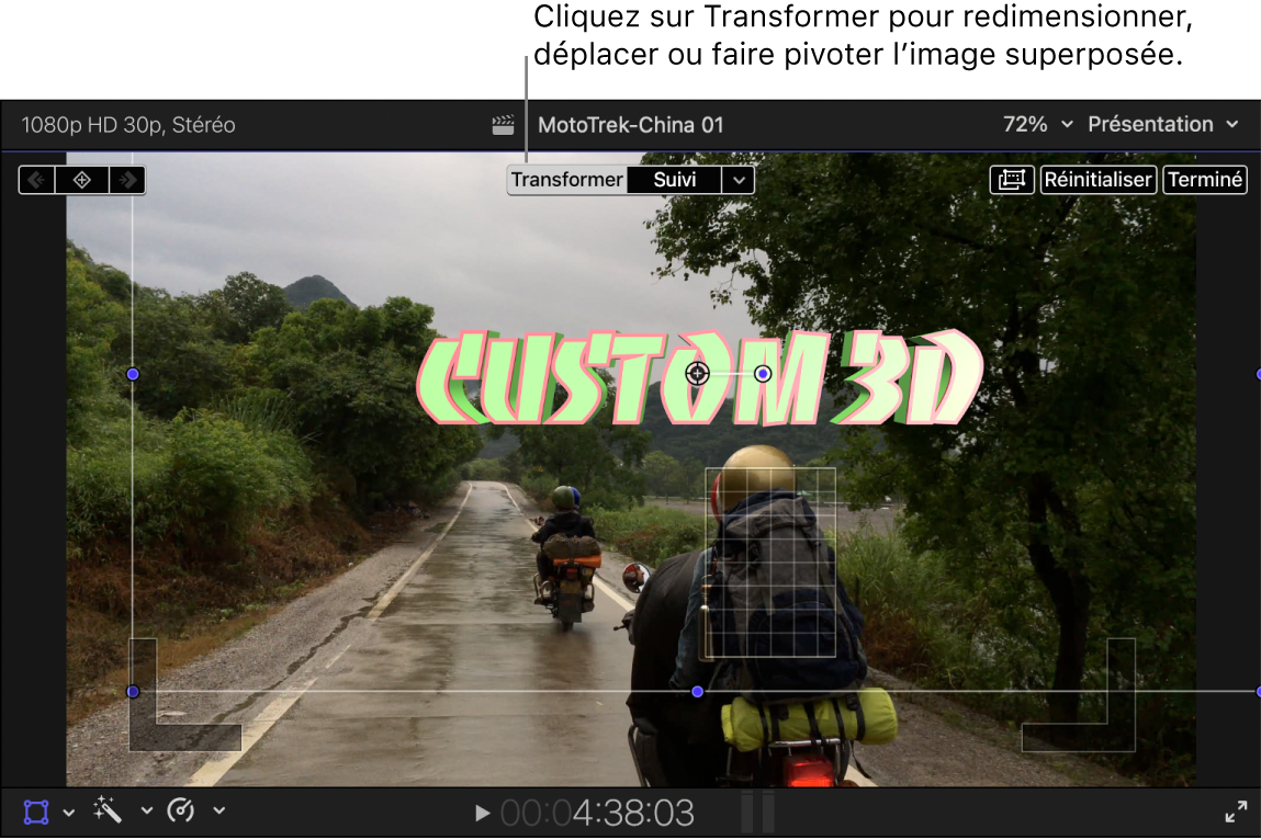 L’option Transformer est sélectionnée en haut du visualiseur. Un marqueur de suivi à l’écran apparaît par-dessus un objet dans la vidéo et un titre avec des commandes de transformation à l’écran s’affiche au-dessus de l’objet.