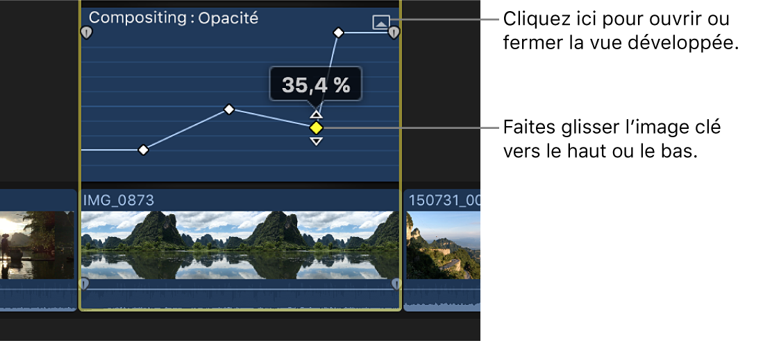 Glissement d’une image clé dans l’éditeur d’animation vidéo pour modifier la valeur du paramètre