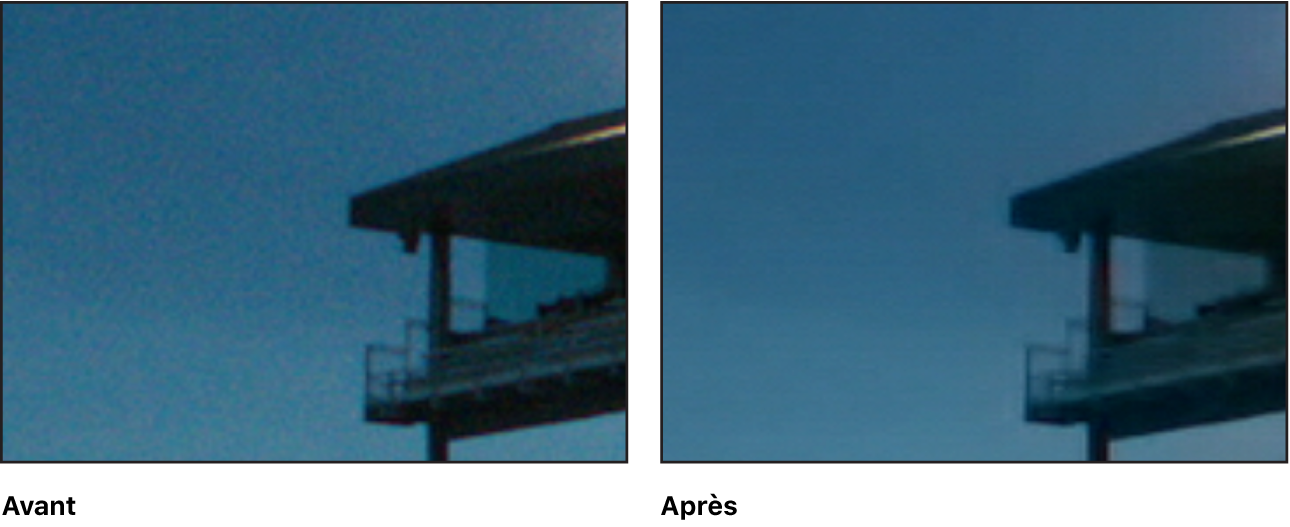 Détail d’une image vidéo, avant et après avoir appliqué l’effet Réduction de bruit
