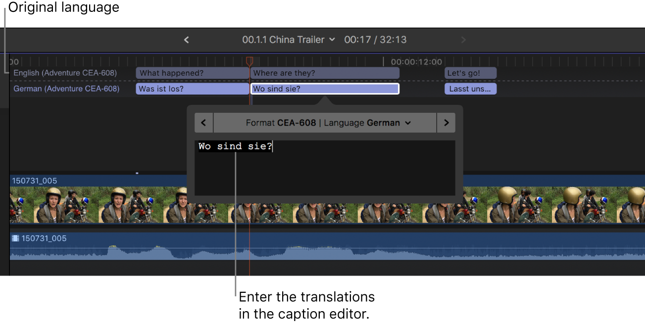 キャプションエディタ。複製され、選択されたキャプションのドイツ語の翻訳が表示されている