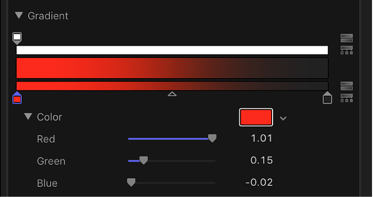 グラデーションコントロールにある、赤、緑、青のカラーチャンネルのスライダ