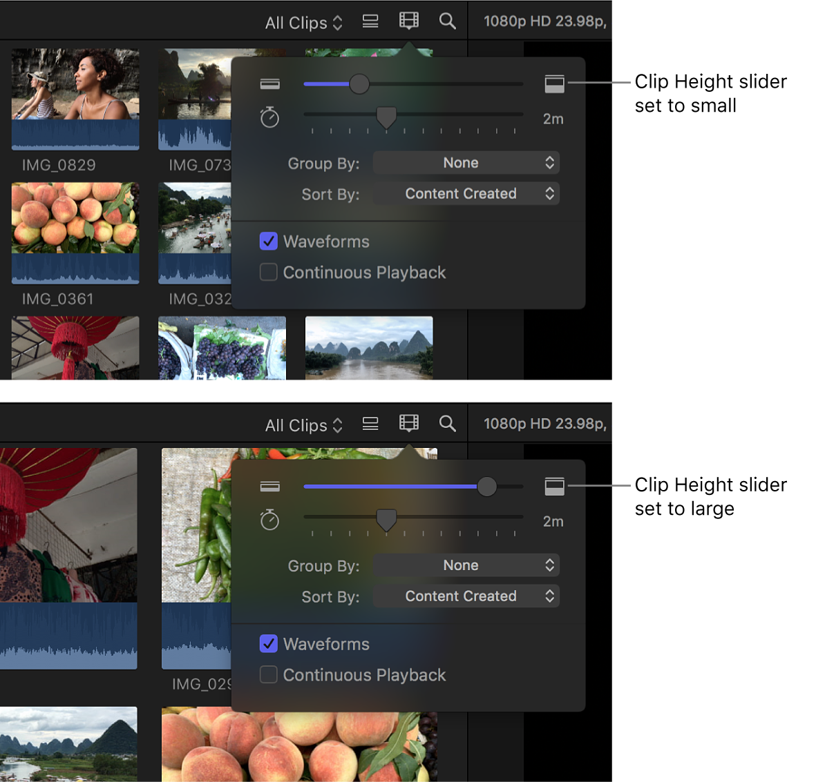 클립 높이 슬라이더를 사용하여 필름 스트립 높이를 변경하기 전과 후의 브라우저 필름 스트립