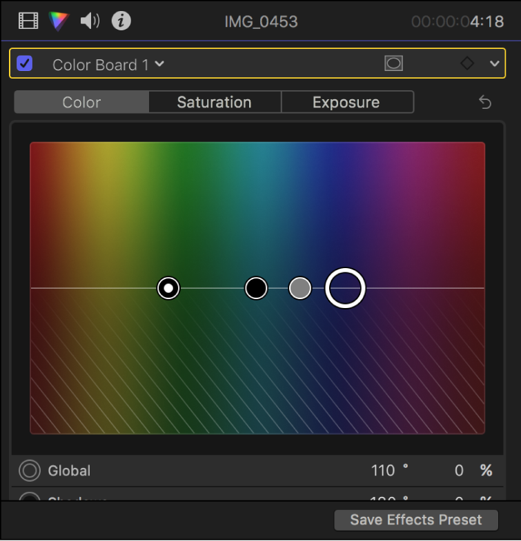 색상판의 색상 패널에 있는 제어기를 보여주는 색상 인스펙터