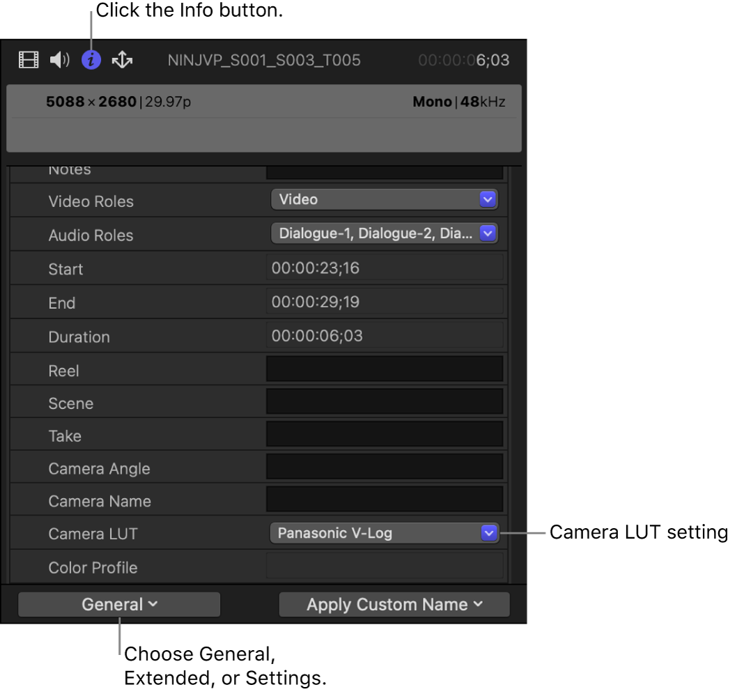 일반 메타데이터 보기에서 사용할 수 있는 카메라 LUT 설정을 보여주는 정보 인스펙터