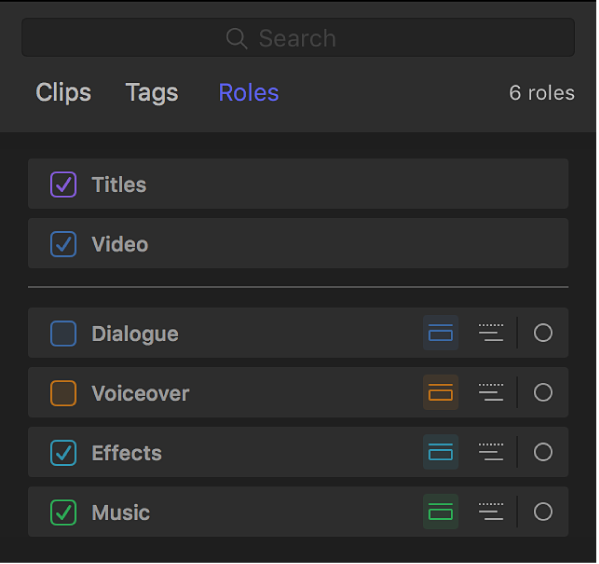 역할 패널이 표시되고 비디오 및 타이틀 역할에 대한 체크박스가 선택되어 있는 타임라인 인덱스 상단의 역할 버튼
