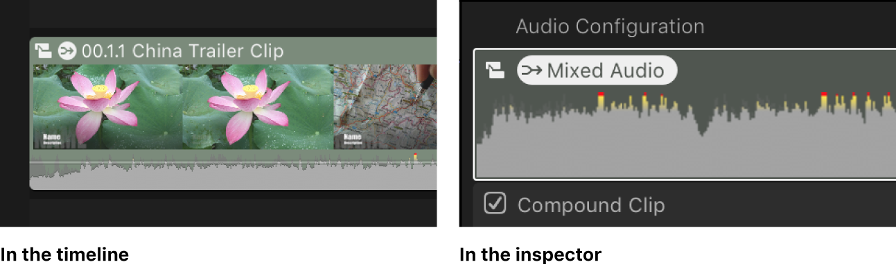 믹스된 오디오 아이콘을 보여주는 타임라인과 오디오 인스펙터의 동일한 클립