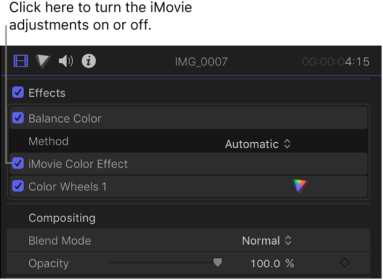 iMovie 색상 효과 체크상자를 보여주는 비디오 인스펙터의 효과 섹션