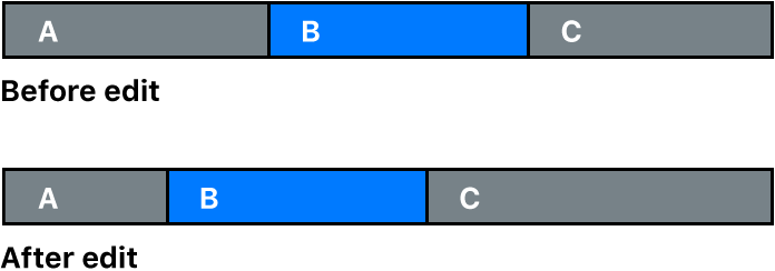 슬라이드 편집으로 변경되는 두 개의 다른 클립 사이의 클립 위치